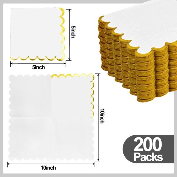 200 Pack White and Gold Paper Napkins Scalloped Cocktail Napkins White Disposable Beverage Napkins for Birthday Baby Shower Wedding Party Supplies Dinnerware Tableware Decorations