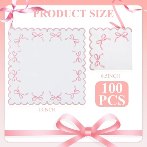 100 Pink Bow Paper Napkins  Cute Disposable Party Napkins 6.5" Scalloped Edge White Pink Hand Towels for Birthday Bridal Bachelorette Party Supplies