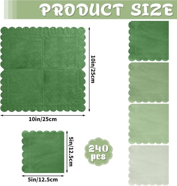 240 Pack Sage Green Napkins, 5 x 5 Inch Gradient Green Wedding Cocktail Napkins Scalloped Beverage Dessert Napkin for Baby Shower Bridal Anniversary Reception