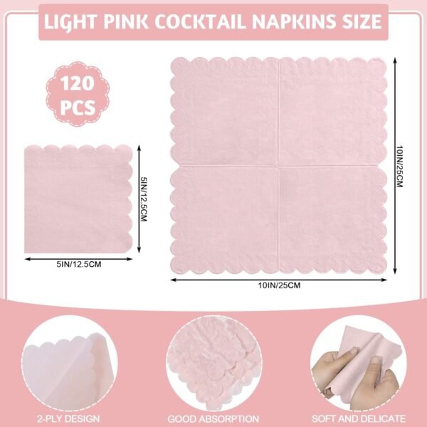 120 Pcs Cocktail Napkins Pink Scalloped Party Napkins Light Pink Cute Dessert Beverage Napkin for Wedding, Baby Bridal Shower, Birthday, 5 x 5 Inch