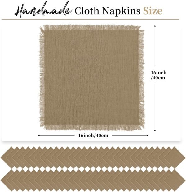 60 Pack Handmade Cloth Napkins with Fringe,Caramel Cotton Linen Napkins,Natural Soft Rustic Cotton Dinner Napkins for Wedding Party Event Table Decoration(16 * 16 Inch)