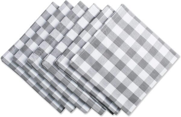 Checkered Tabletop Collection 100% Cotton, Machine Washable, Napkin Set, 20x20, Gray, 6 Piece