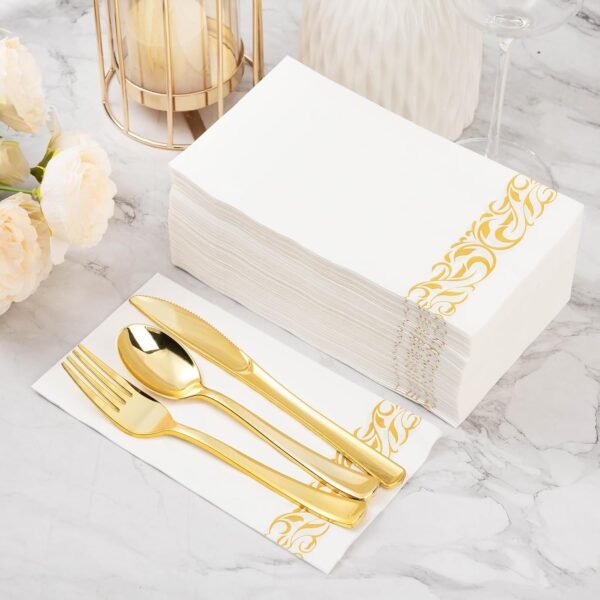 200 Pack Disposable Paper Napkins,3-Ply Dinner Napkins with Gold Trim for Guests,Bathroom Paper Hand Towels Soft and Absorbent,Perfect for Kitchen,Dinner,Party,Wedding or Event