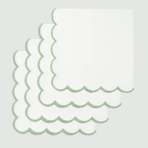 Scalloped Embroidery Cloth Napkins Table Decor Spring Summer Easter 100% Cotton Set of 4-18 x 18 inch - White - Edges - Sage Green