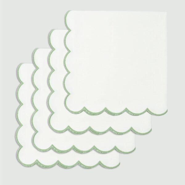 Scalloped Embroidery Cloth Napkins Table Decor Spring Summer Easter 100% Cotton Set of 4-18 x 18 inch - White - Edges - Sage Green
