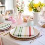 Cloth Napkins - Set of 8  Stripe Table Napkins - Easter Bunny Summer Lunch Brunch Pure Cotton Napkin - Reusable Washable Dinner Napkin - 17 x 17 inches - Pink Yellow Multi