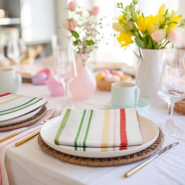 Cloth Napkins - Set of 8  Stripe Table Napkins - Easter Bunny Summer Lunch Brunch Pure Cotton Napkin - Reusable Washable Dinner Napkin - 17 x 17 inches - Pink Yellow Multi