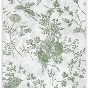 25Pcs Green Floral Guest Napkins - Green and White Toile Paper Napkins for Bridal, Baby Shower, Tea Party, Garden, Birthday - 4.3 x 7.9 In