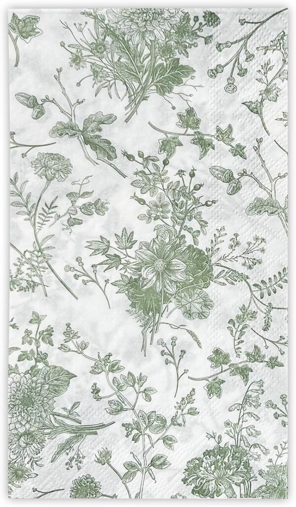 25Pcs Green Floral Guest Napkins - Green and White Toile Paper Napkins for Bridal, Baby Shower, Tea Party, Garden, Birthday - 4.3 x 7.9 In