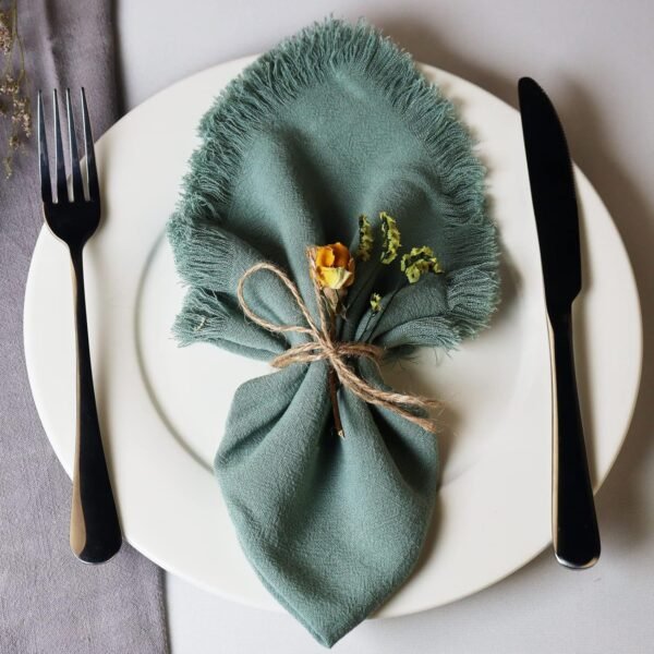 Handmade Cloth Napkins with Fringe,18 x 18 Inches Cotton Linen Napkins Set of 4 Versatile Handmade Square Rustic Fringe Napkins for Dinner, Wedding and Parties, Sage Green