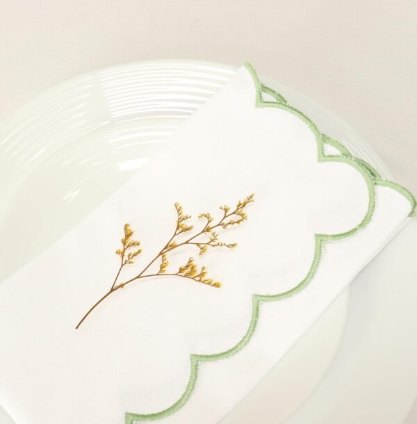 Scalloped Embroidery Cloth Napkins Table Decor Spring Summer Easter 100% Cotton Set of 4-18 x 18 inch - White - Edges - Sage Green