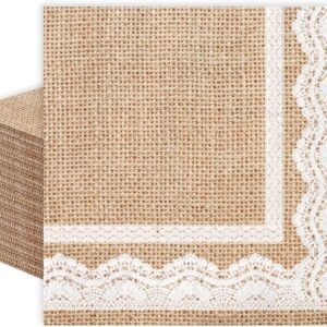 100 Pack Burlap Rustic Printed Cocktail Napkin 3Ply Natural Brown White Lace Napkins Rustic Disposable Dinner Napkin for Wedding Birthday Farmhouse Party, 5 x 5 Inch