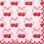 50Pcs Pink Bow Cherry Cocktail Napkins - 3-Ply Lovely Pink Bow Cherry Disposable Paper Napkins for Girl Birthday Wedding Tableware Party Supplies - 5 x 5 In