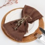 Handmade Cloth Napkins with Fringe,18 x 18 Inches Cotton Linen Napkins Set of 6 Versatile Handmade Square Rustic Fringe Napkins for Dinner, Wedding and Parties, Chocolate