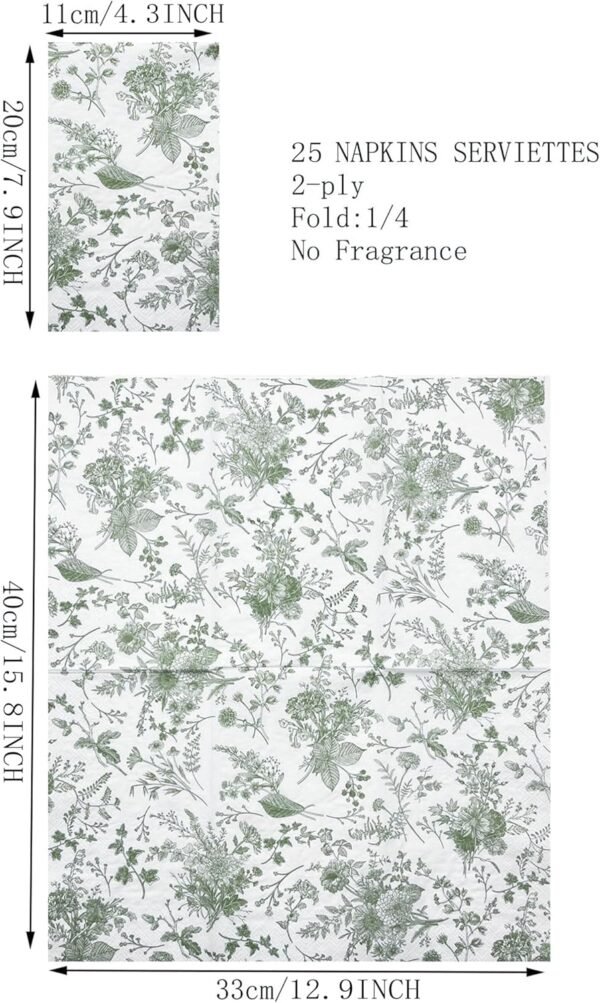 25Pcs Green Floral Guest Napkins - Green and White Toile Paper Napkins for Bridal, Baby Shower, Tea Party, Garden, Birthday - 4.3 x 7.9 In
