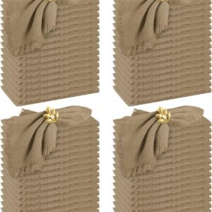 60 Pack Handmade Cloth Napkins with Fringe,Caramel Cotton Linen Napkins,Natural Soft Rustic Cotton Dinner Napkins for Wedding Party Event Table Decoration(16 * 16 Inch)