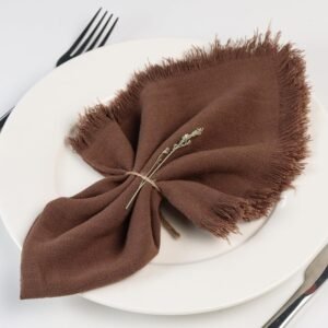 Handmade Cloth Napkins with Fringe,18 x 18 Inches Cotton Linen Napkins Set of 6 Versatile Handmade Square Rustic Fringe Napkins for Dinner, Wedding and Parties, Chocolate