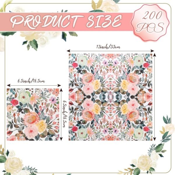 200Pcs Floral Paper Napkin Disposable Watercolor Rose Flower Paper Napkin Decorative Dessert Dinner Hand Towels for Bathroom Wedding Baby Shower Birthday Party(6.5 * 6.5 inch)