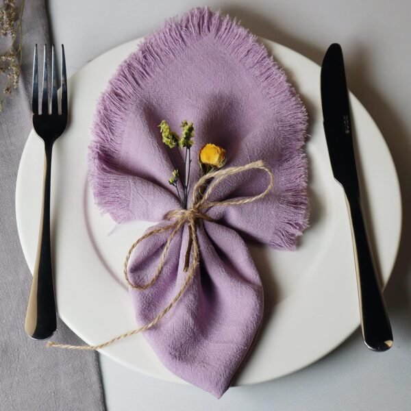 Handmade Cloth Napkins with Fringe,18 x 18 Inches Cotton Linen Napkins Set of 4 Versatile Handmade Square Rustic Fringe Napkins for Dinner, Wedding and Parties, Lavender