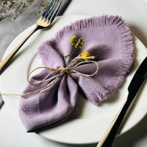 Handmade Cloth Napkins with Fringe,18 x 18 Inches Cotton Linen Napkins Set of 4 Versatile Handmade Square Rustic Fringe Napkins for Dinner, Wedding and Parties, Lavender