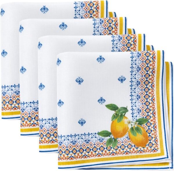 s Capri Lemon Double-Bordered Mediterranean Spring/Summer Cloth Napkins, 17 Inches by 17 Inches, Set of 4