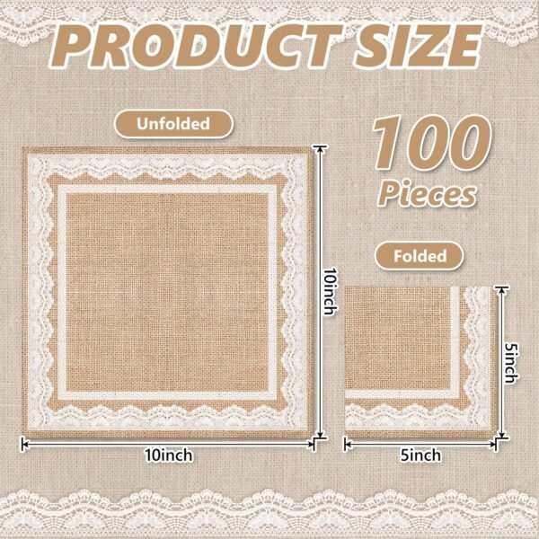 100 Pack Burlap Rustic Printed Cocktail Napkin 3Ply Natural Brown White Lace Napkins Rustic Disposable Dinner Napkin for Wedding Birthday Farmhouse Party, 5 x 5 Inch