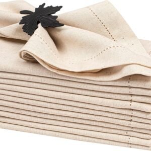 Flax Linen Napkins Set of 12 – Hemstitched Dinner Cloth Napkins, Washable and Reusable Natural Flax Napkins for Dining, Parties, Weddings, Holiday & Everyday Use – 18x18 Inch Natural Color