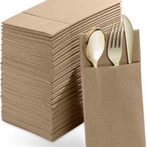 50-Pack Disposable Linen-Feel Dinner Napkins With Built-in Flatware Pocket, WOOD Prefolded Cloth Like Paper Napkins For Wedding, Dinner Or Party