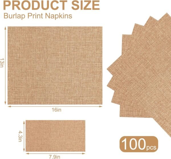 100 Pcs Burlap Paper Napkins Disposable Dinner Napkins 13''x16'' Burlap Print Decorative 2 Ply Rustic Cloth Like Paper Napkins for Bathroom Wedding Birthday Cocktail Party